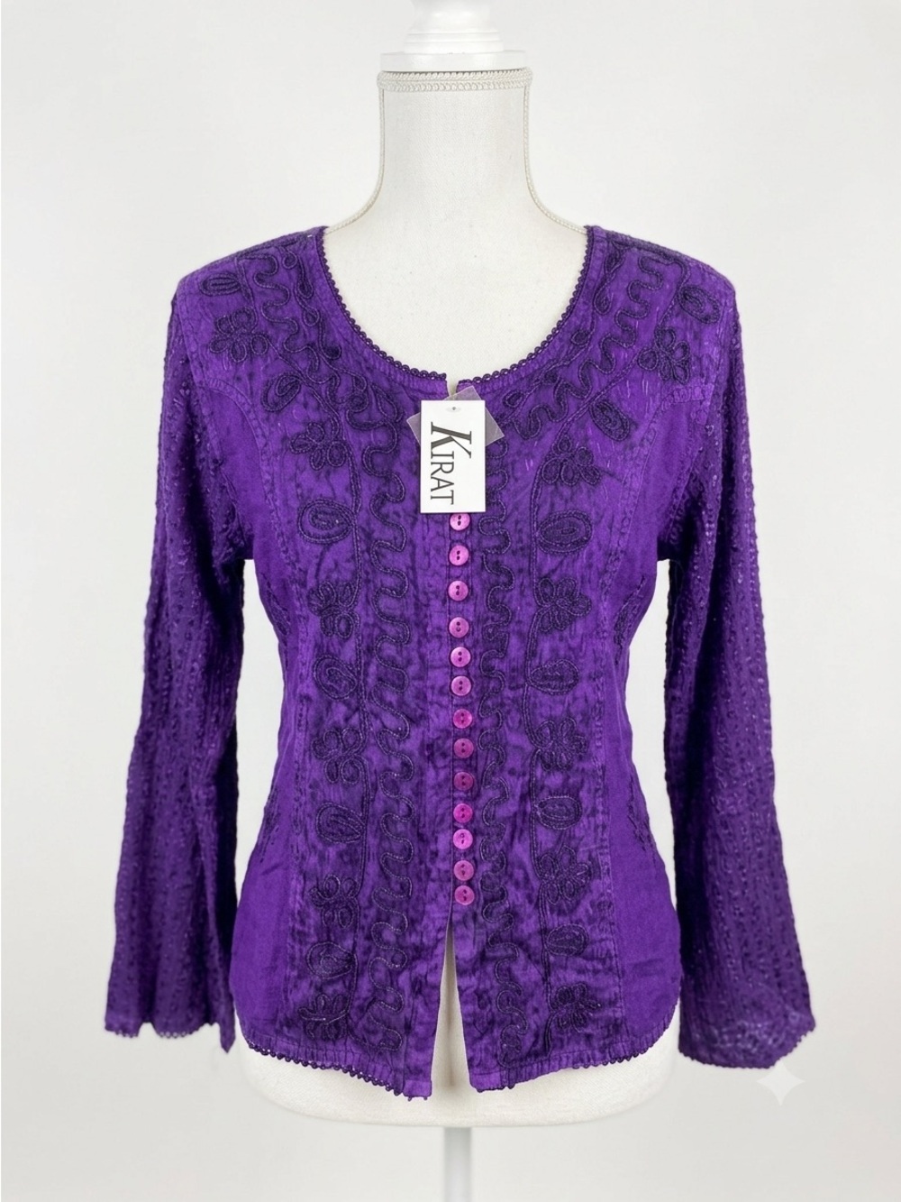 Purple Boho Kirat Embroidered Button-Front bell sleeve Blouse